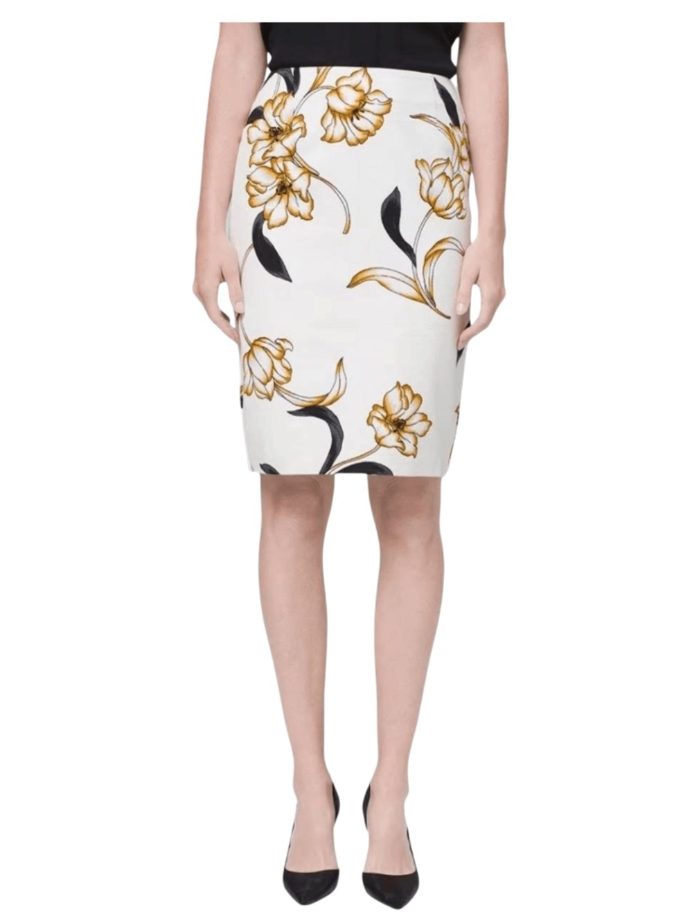 WHBM Floral Textured Pencil Skirt White Gold Tulip Size 10